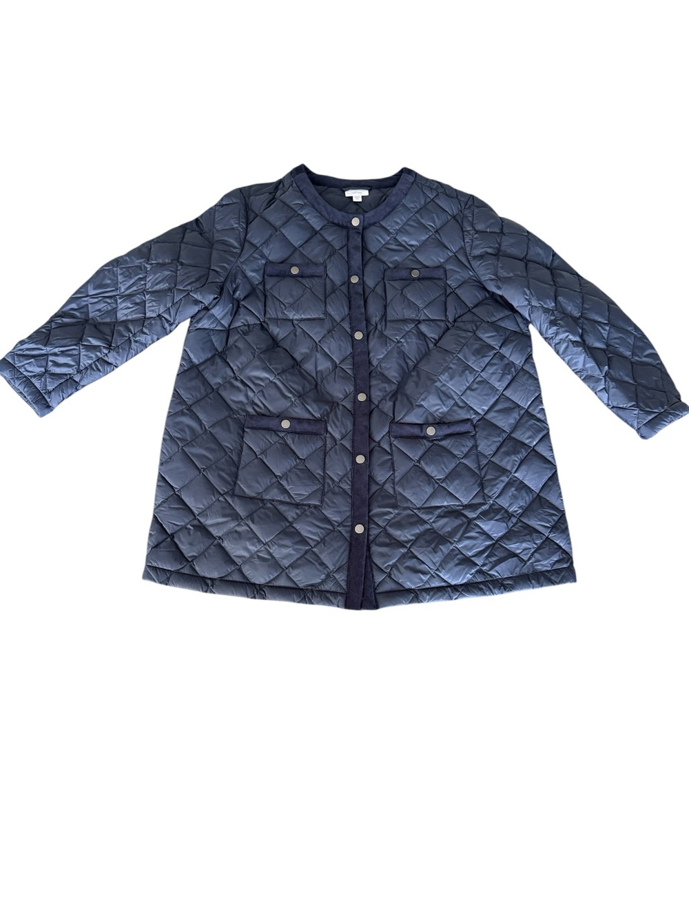 J. Jill Navy Blue Diamond Quilted Down Jacket Corduroy Trim Classic Puffer XLP
